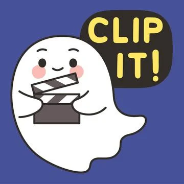 Cute Ghost Clip It Emote Vector Holding Movie Clapperboard on Blue Background Stock Illustration
