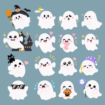 Cute ghost collection Halloween characters and cartoon spirits set Stock Illustration