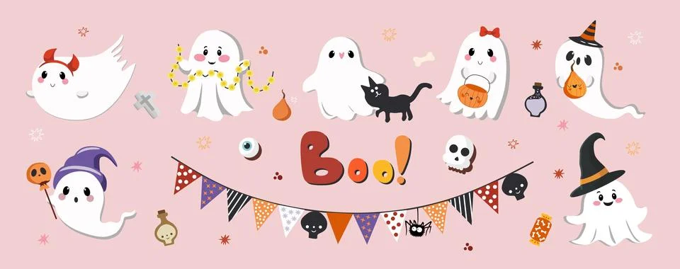 Cute ghost collection for Halloween vector illustration set Stock Illustration