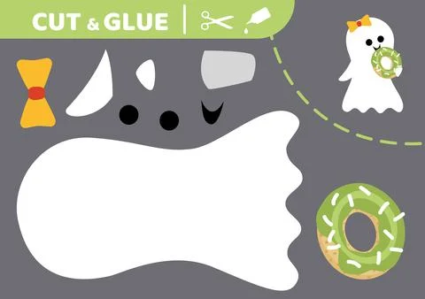 Cute ghost with donut. Cut and glue. Halloween. Application work. Paper game Stock Illustration