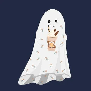 Cute Ghost Drinking Pumpkin spice latte from paper cups. Halloween character  Stock Illustration