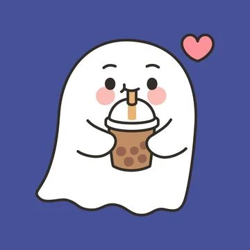 Cute Ghost Emote Vector Drinking Bubble Tea with Heart on Blue Background Stock Illustration