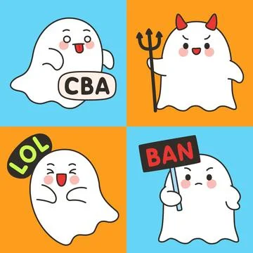 Cute Ghost Emotes Set with Devil Horns and Trident, LOL Expression, Ban Sig.. Stock Illustration