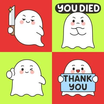 Cute Ghost Emotes Set with Knife, You Died Message, Waving Hello, and Thank.. Stock Illustration