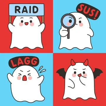 Cute Ghost Emotes Set with Raid Sign, Sus Expression, Lag Rage, and Devil C.. Stock Illustration