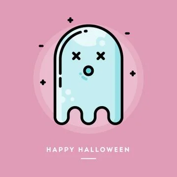 Cute ghost, flat design thin line halloween banner Stock Illustration