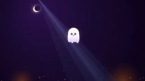 Cute ghost floating in dark night sky with shining stars and crescent moon .. Stock-Footage 341579595