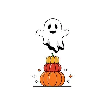 Cute ghost floating over a stack of pumpkins a simple Halloween Stock Illustration