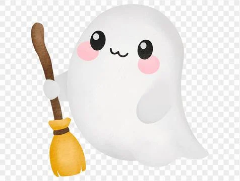 Cute ghost flying with witch broom kawaii halloween watercolor isolated cha.. Stock Illustration