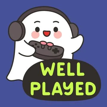 Cute Ghost Gamer Emote Vector with Headset and Well Played Message on Blue .. Stock Illustration