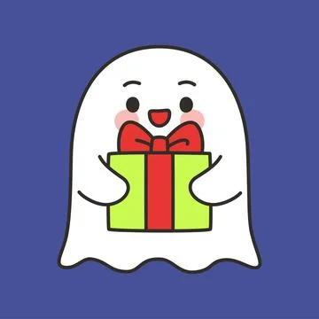Cute Ghost Gift Present Emote Vector with Happy Expression on Blue Background Stock Illustration