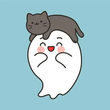 Cute ghost with gray cat lying on head Stock Illustration