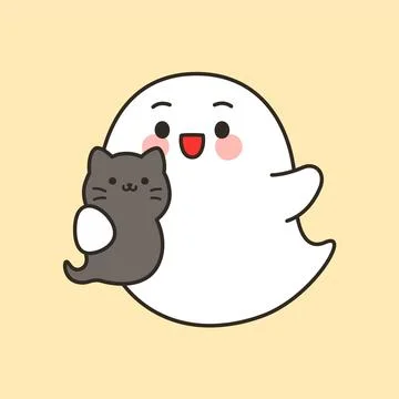 Cute ghost with gray cat waving hand Stock Illustration