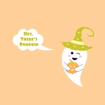 Cute ghost in a halloween hat with pumpkin and speech bubble. Hey, there is.. Stock Illustration