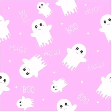 Cute Ghost Halloween Seamless Pattern with Boo and Hug Texts. Stock Illustration