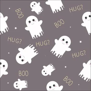 Cute Ghost Halloween Seamless Pattern with Boo and Hug Texts. Stock Illustration