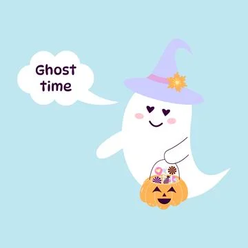 Cute ghost in a hat with pumpkin basket full of candies. Speech bubble. Gho.. Stock Illustration