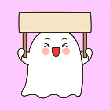 Cute ghost holding blank sign above head Stock Illustration