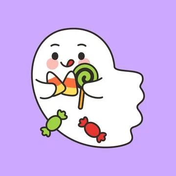 Cute Ghost Holding Candy Corn And Lollipop With Wrapped Candies Stock Illustration