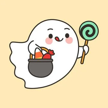 Cute Ghost Holding Cauldron With Candy Corn And Lollipop Stock Illustration