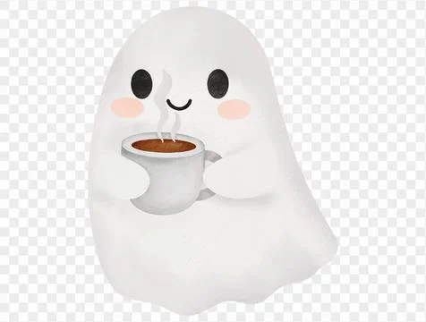 Cute ghost holding coffee cup watercolor Halloween illustration vector. Stock Illustration