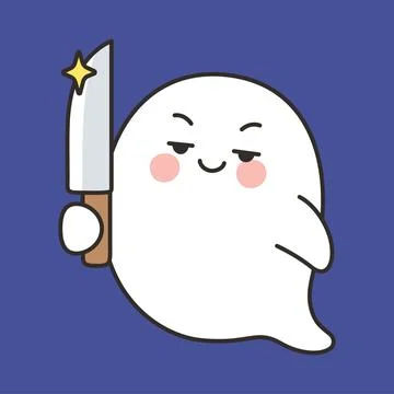 Cute Ghost Holding Knife Emote Vector with Mischievous Expression on Blue B.. Ilustración de archivo