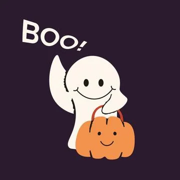 Cute Ghost Holding Pumpkin Bag Boo Halloween Vector Illustration Stock Illustration