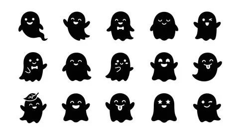 Cute ghost icons set featuring various facial expressions and friendly pers.. Stock Illustration