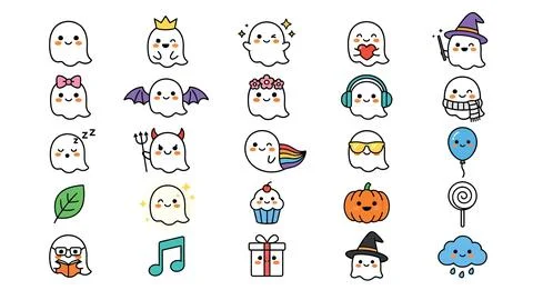 Cute ghost icons set for halloween greetings and childish festive designs Stock Illustration