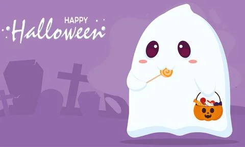 Cute ghost with jack o lantern on graveyard Halloween Vector Stock Illustration