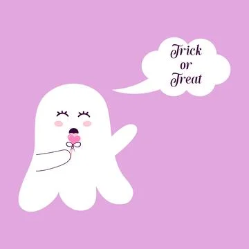 Cute ghost with a lollipop and speech bubble. Trick or treat. Halloween card. Stock Illustration