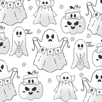 Cute ghost pattern with pirate and pumpkin characters, Vector Stock Illustration