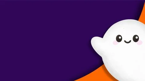 Cute ghost peeking from edge on purple and orange background with copy spac.. Ilustración de archivo