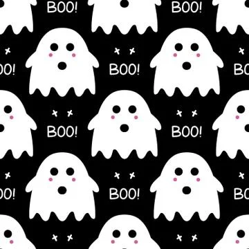Cute ghost with pink blush, cross and boo lettering as seamless pattern on black Stock Illustration