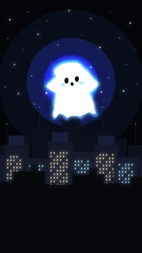 Cute ghost pixel art animation flying over blue city skyline at night Stock Footage 346543959