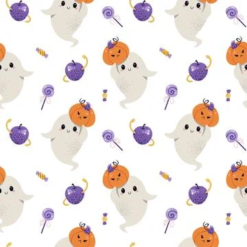 Cute Ghost with Pumpkin and Wormy Apple Seamless Pattern. Halloween Repeat Stock Illustration