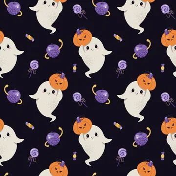 Cute Ghost with Pumpkin and Wormy Apple Seamless Pattern. Halloween Repeat Stock Illustration