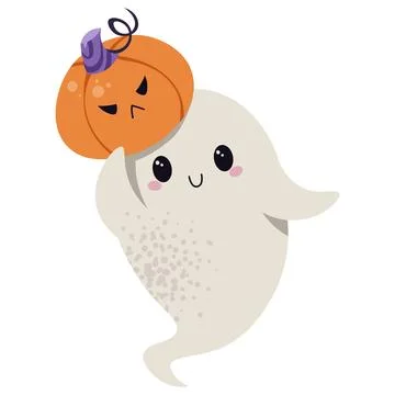 Cute Ghost with Pumpkin Flat Vector Illustration Isolated on White. Halloween Stock Illustration