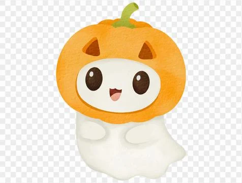 Cute ghost with pumpkin head, watercolor Halloween vector. Stock Illustration