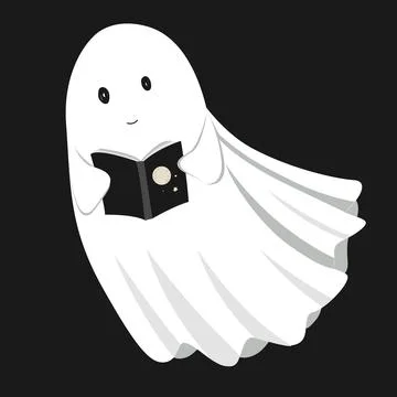 Cute ghost reading book on the move. Busy phantom spirit flying with novel. H Stock Illustration