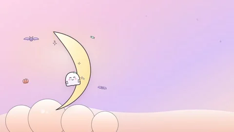 Cute ghost resting on a crescent moon in a pastel night sky. 4K 스톡 동영상 342781807