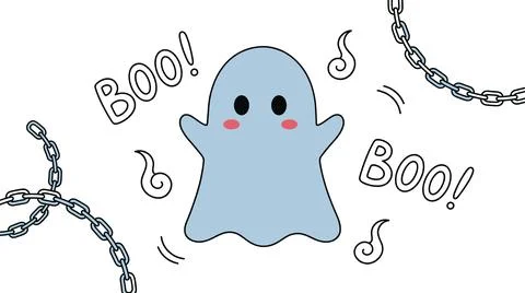 Cute Ghost Saying Boo with Chains and Swirls. Stock Illustration