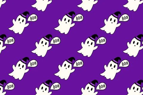 Cute ghost saying boo pattern on purple background. Stock Illustration