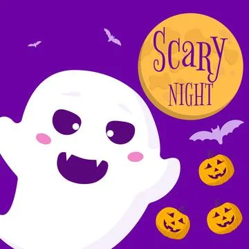 Cute Ghost Scary Night Scene. Stock Illustration