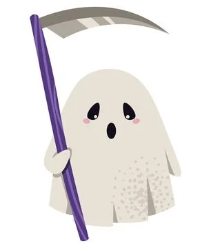 Cute Ghost with Scythe Halloween Flat Vector Illustration. Spooky Reaper Stock Illustration