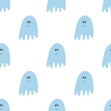 Cute ghost seamless pattern design. Halloween holiday, cartoon background, ve Stock Illustration