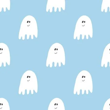 Cute ghost seamless pattern design. Halloween holiday, cartoon background, ve Stock Illustration