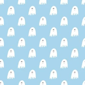 Cute ghost seamless pattern design. Halloween holiday, cartoon background, ve Stock Illustration