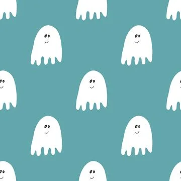 Cute ghost seamless pattern design. Halloween holiday, cartoon background, ve 스톡 일러스트