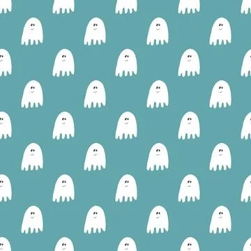 Cute ghost seamless pattern design. Halloween holiday, cartoon background, ve 스톡 일러스트